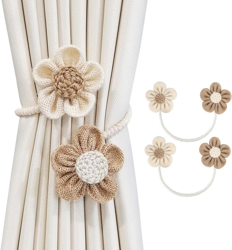 SRG Rope Curtain Tiebacks 2 Pack | Sunflower Curtain Tieback Boho | Simple Elegant DIY Curtain Holdbacks | Accessories Wall Decoration for Home Office | Cream&Khaki - Image 1